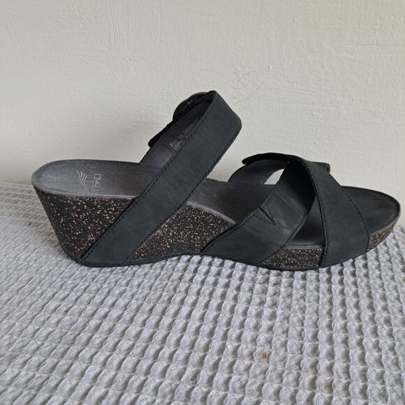 Dansko Black Wedge Sandals with Silver Buckle - Picture 6 of 16